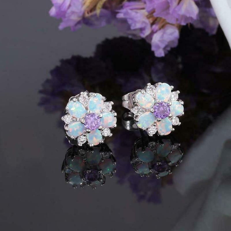 CiNily Flower Earrings, Purple Opal Stud Earrings Sterling Silver Plated Stud Earrings for Women, Ladies Flower Stud Earrings Cute Unique Earrings - Image 2